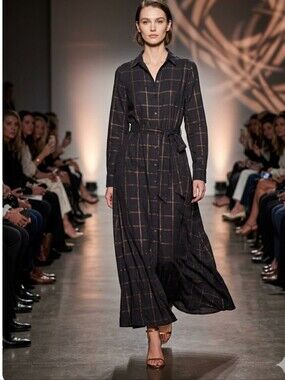 NWT Anthropologie Bella Dahl Plaid Smocked Waist Maxi Shirt Dress Black Copper